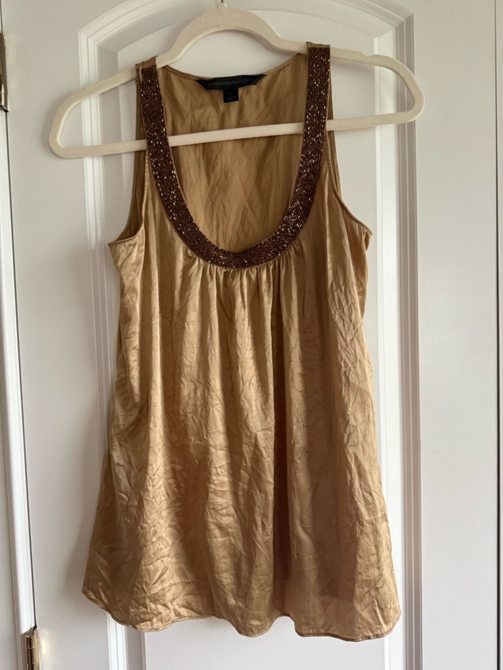 Express Design Studio Gold Beaded Scoop Neck Silk Blend Tank Top, EUC